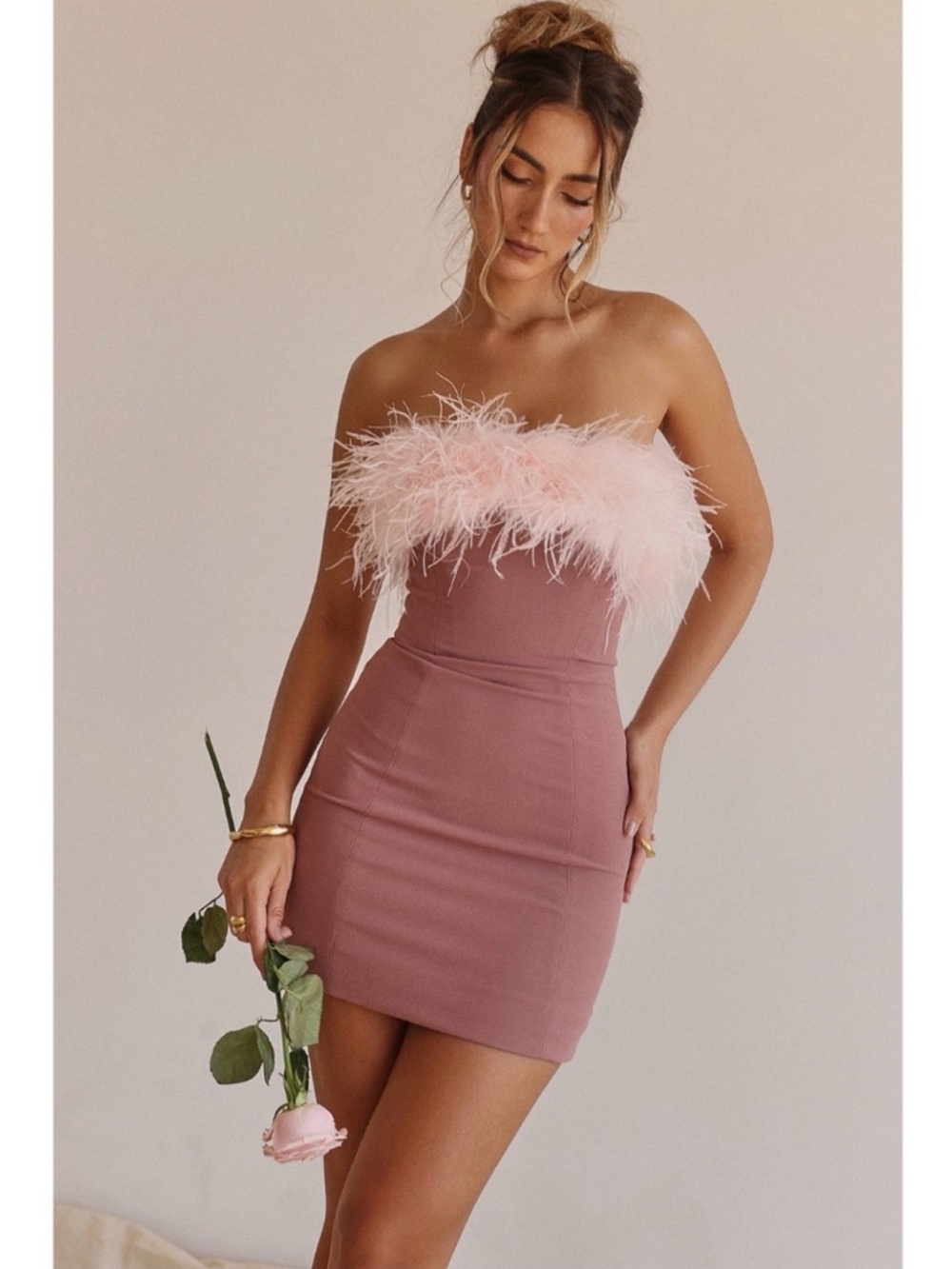 House of CB Dusty Rose Strapless Feather-Trim Bodycon Dress